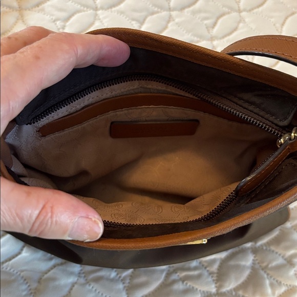 Michael Kors Two Tone Brown Crossbody Bag with Leather and Brass Accents Small - Picture 9 of 15